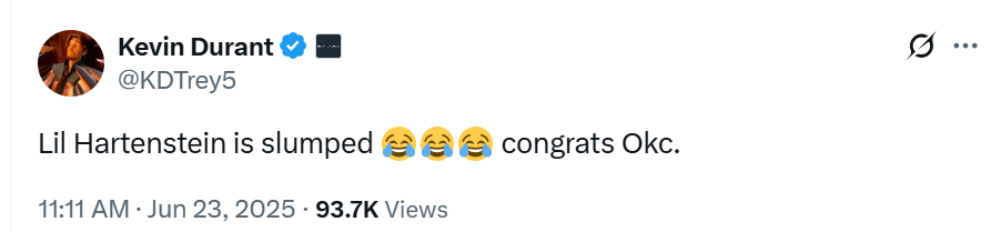 杜兰特更新社媒祝贺雷霆夺冠：小哈滕睡着了哈哈，恭喜雷霆